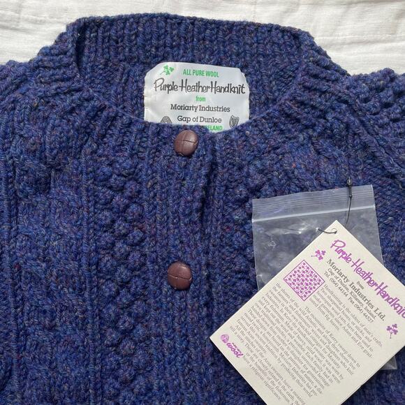 NWT Purple Heather Handknit Blue Fisherman Cable Knit Irish Wool Cardigan Sz 44 - Picture 3 of 6